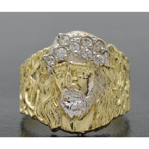 Real 10K Solid Yellow gold 19.6mm Mens Jesus Head Nugget CZ Ring ALL Sizes